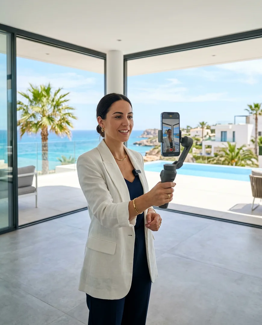 Agent recording a vertical property tour video on a phone gimbal inside an empty modern villa — Costa Serena Homes, Costa Blanca