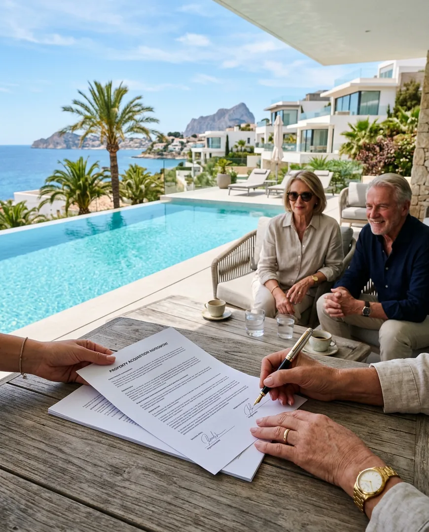 Close-up of hands signing property documents on a terrace table with a pool behind — Costa Serena Homes, Costa Blanca