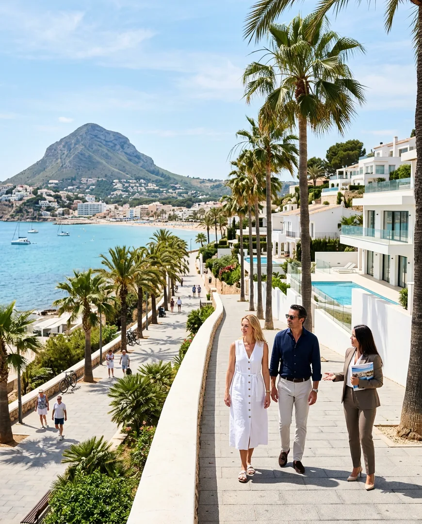 Coastal town promenade with palm trees and white buildings on a bright morning — Costa Serena Homes, Costa Blanca