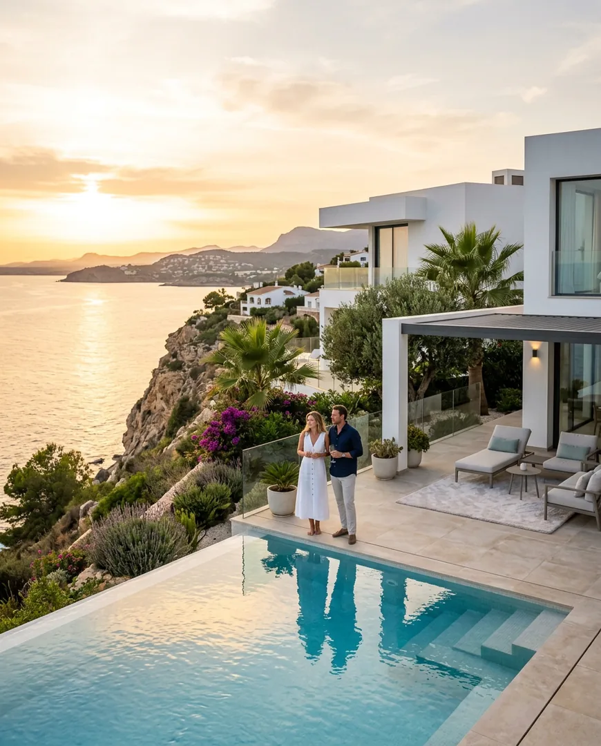 Modern white villa with an infinity pool overlooking the Mediterranean at golden hour — Costa Serena Homes, Costa Blanca