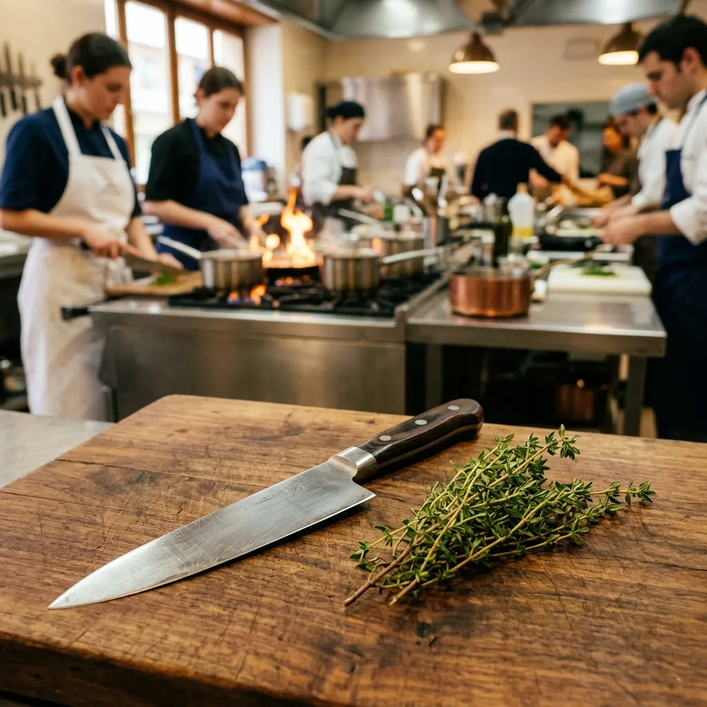 Close-up of a chef's knife and a sprig of thyme on a wooden chopping board — Escuela Fuego, San Sebastián