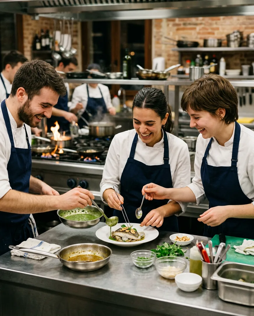 Students in aprons plating a dish together at a kitchen bench — Escuela Fuego, San Sebastián