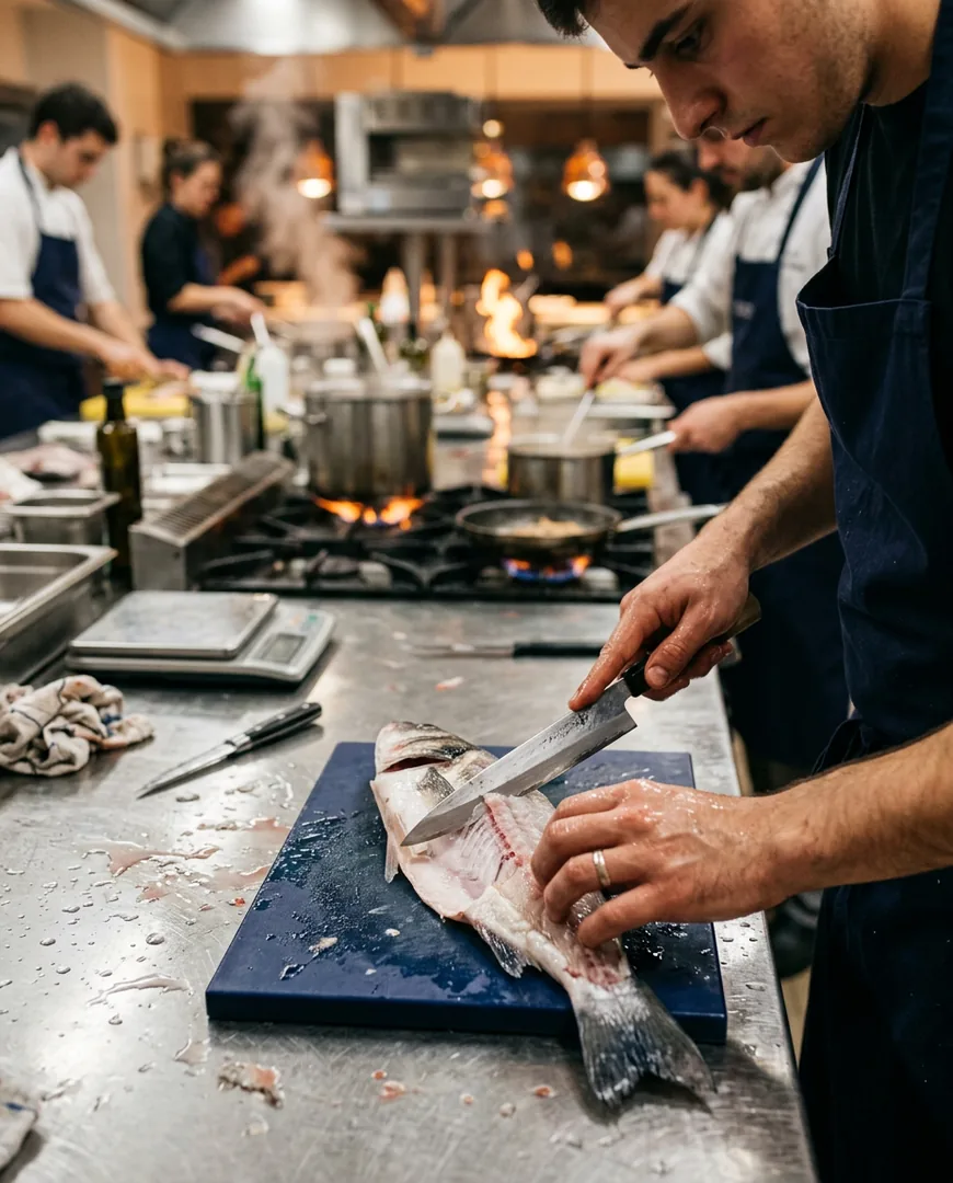 Close-up of hands filleting a fish with precision — Escuela Fuego, San Sebastián