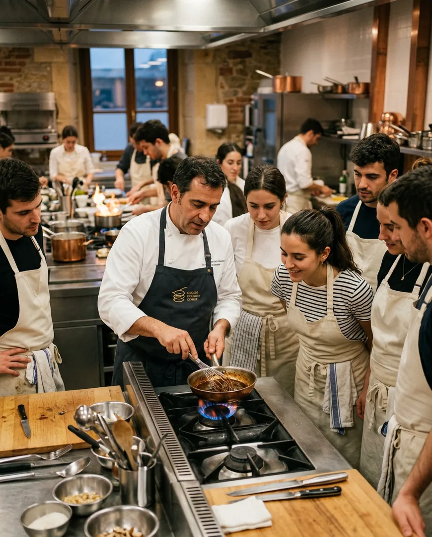 Instructor demonstrating a sauce technique to a semicircle of students — Escuela Fuego, San Sebastián