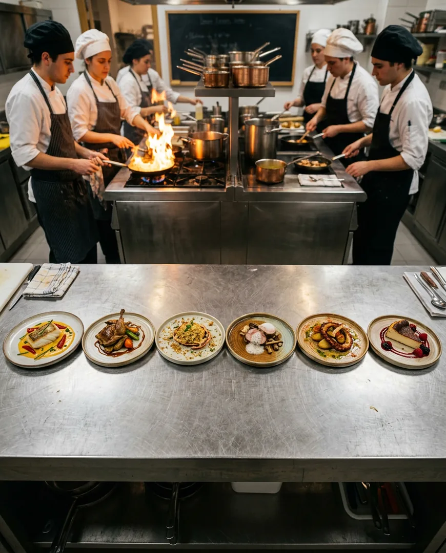 Overhead shot of six finished plated dishes lined up for critique on a steel bench — Escuela Fuego, San Sebastián