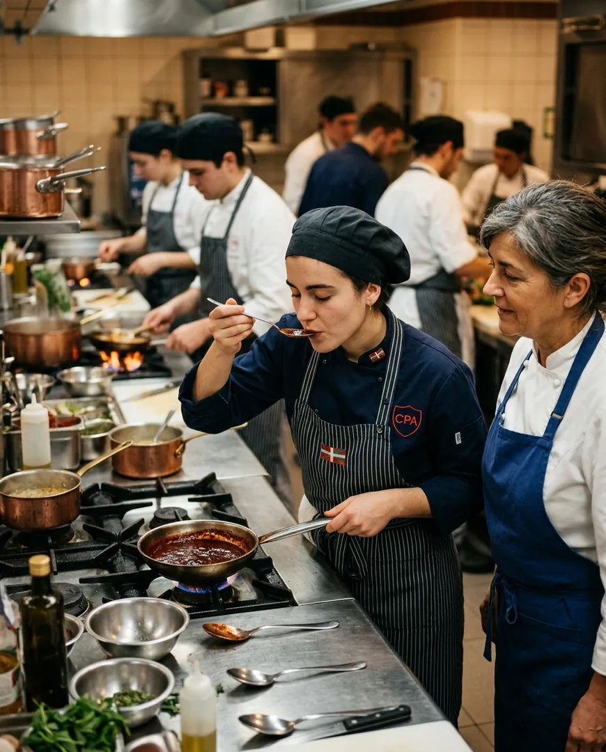 Student tasting a sauce from a spoon with the instructor watching — Escuela Fuego, San Sebastián