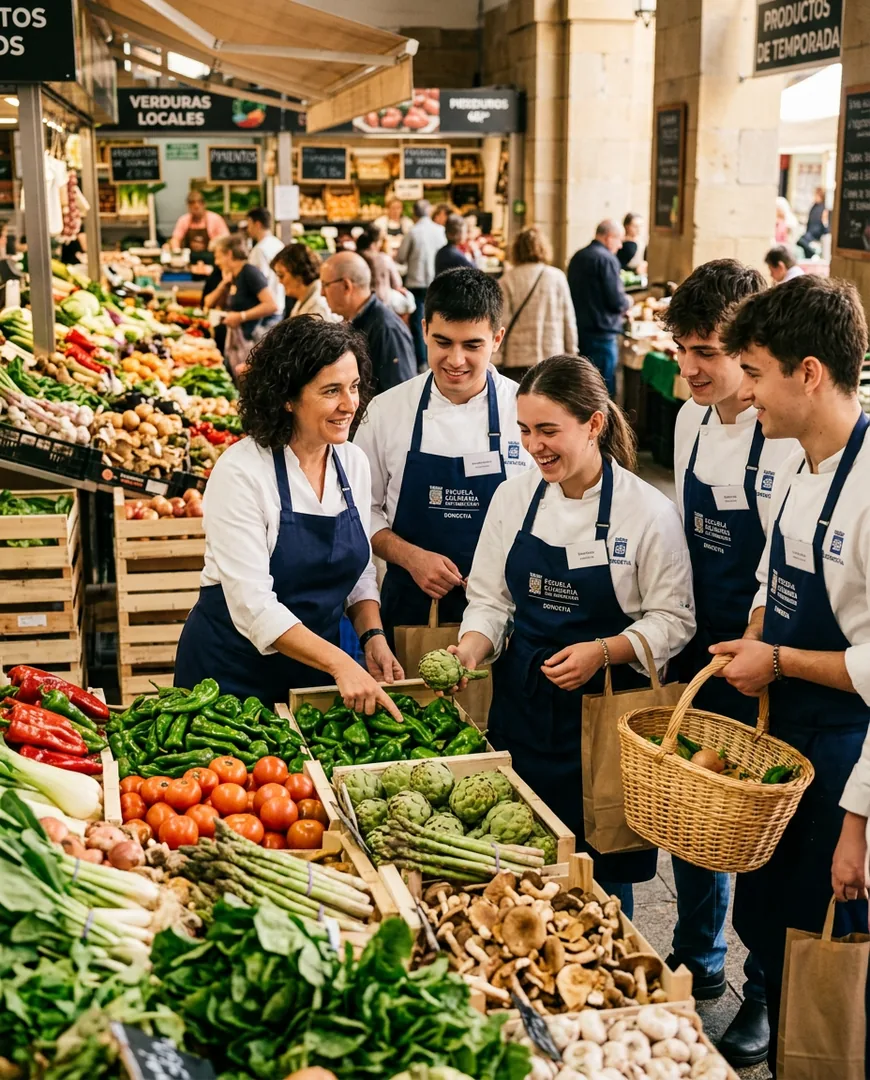 Group of students at the Basque market choosing produce with their instructor — Escuela Fuego, San Sebastián