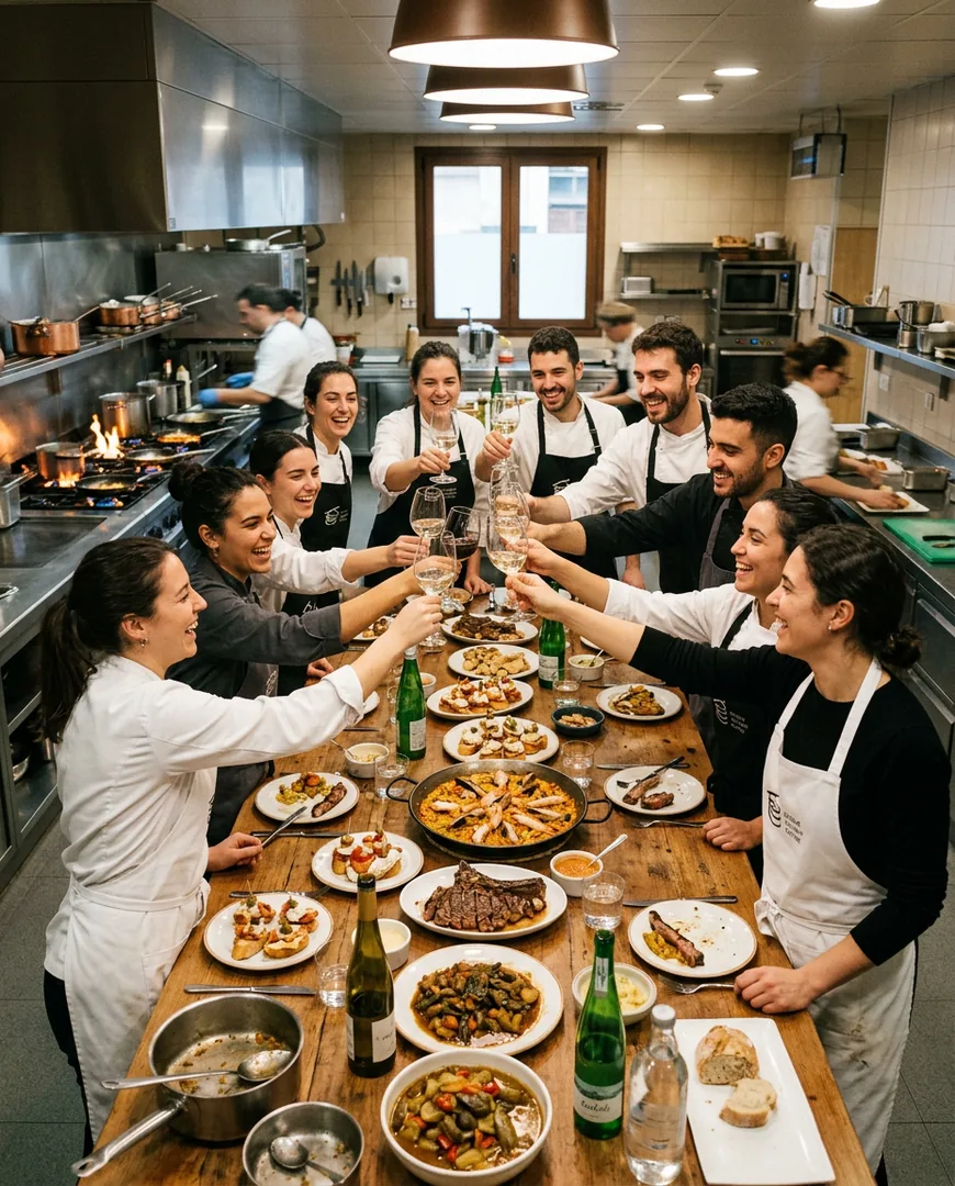 Class of ten students raising glasses around a long table with the dishes they cooked — Escuela Fuego, San Sebastián