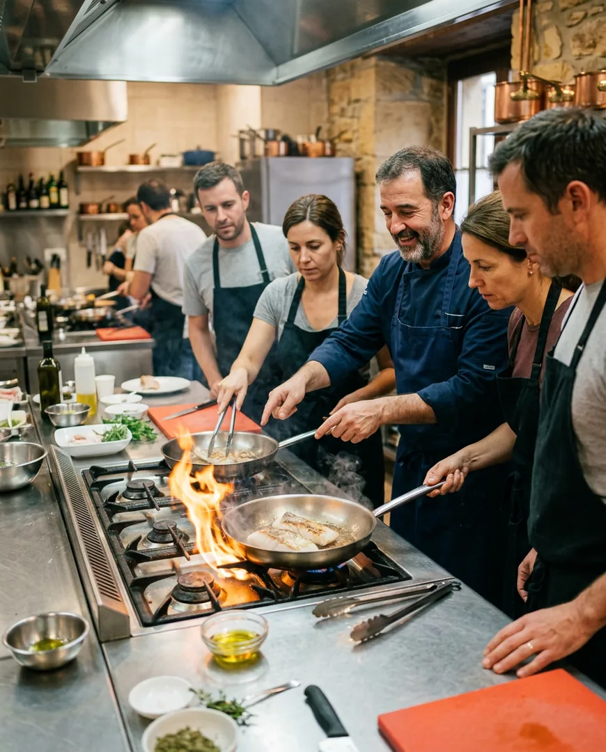 Chef instructor guiding four adult students searing fish over open flame at a stainless steel kitchen bench — Escuela Fuego, San Sebastián