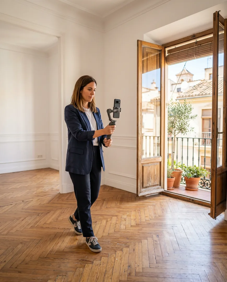 Agent photographing a room with a phone on a gimbal — Habitar, Valencia
