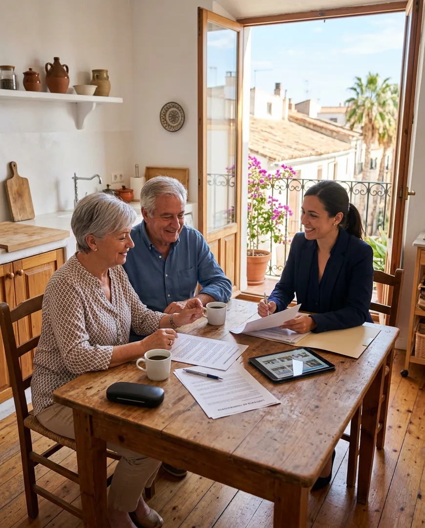Older couple sitting at their kitchen table reviewing property documents with an agent — Habitar, Valencia