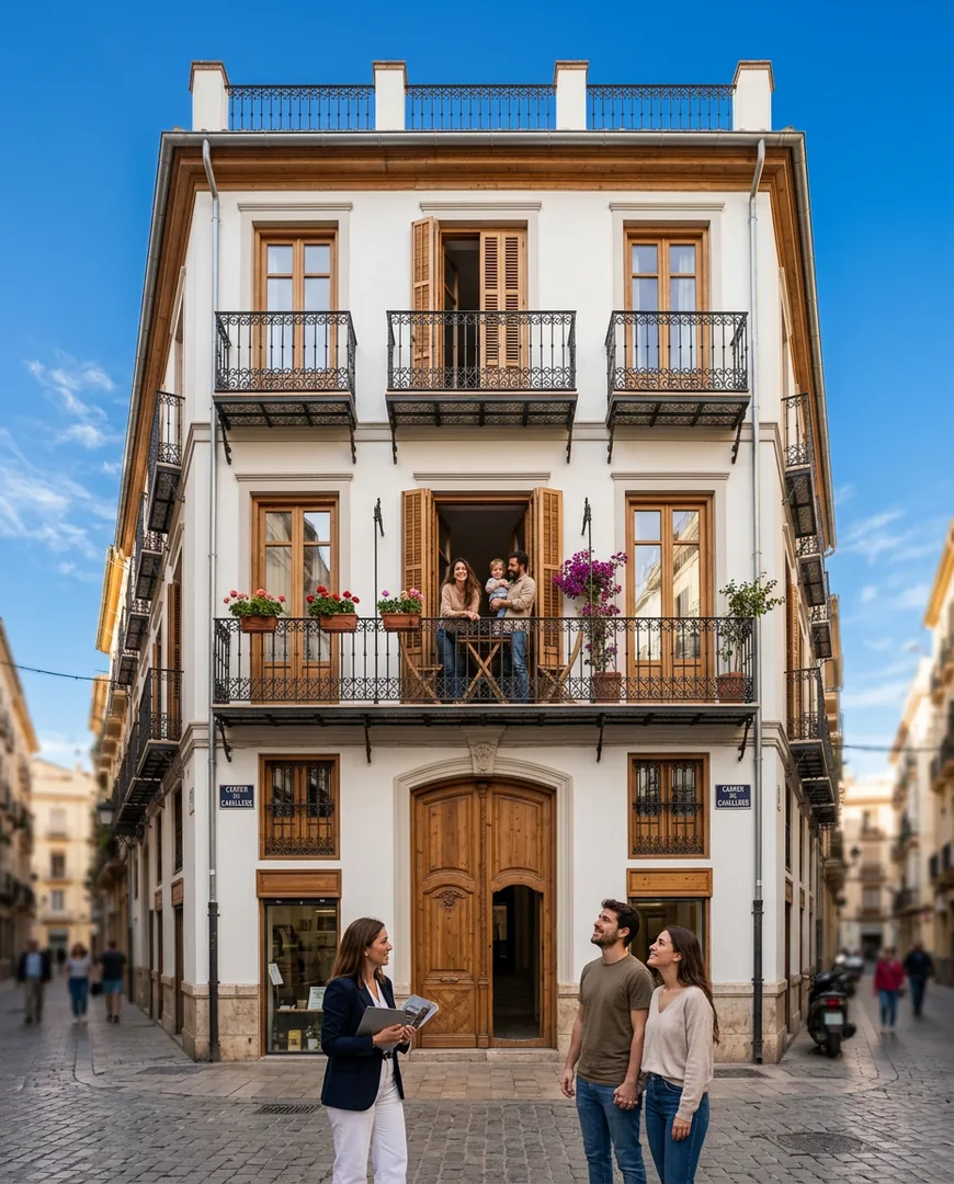 Elegant facade of a renovated Valencia building with wrought-iron balconies against a deep blue sky — Habitar, Valencia