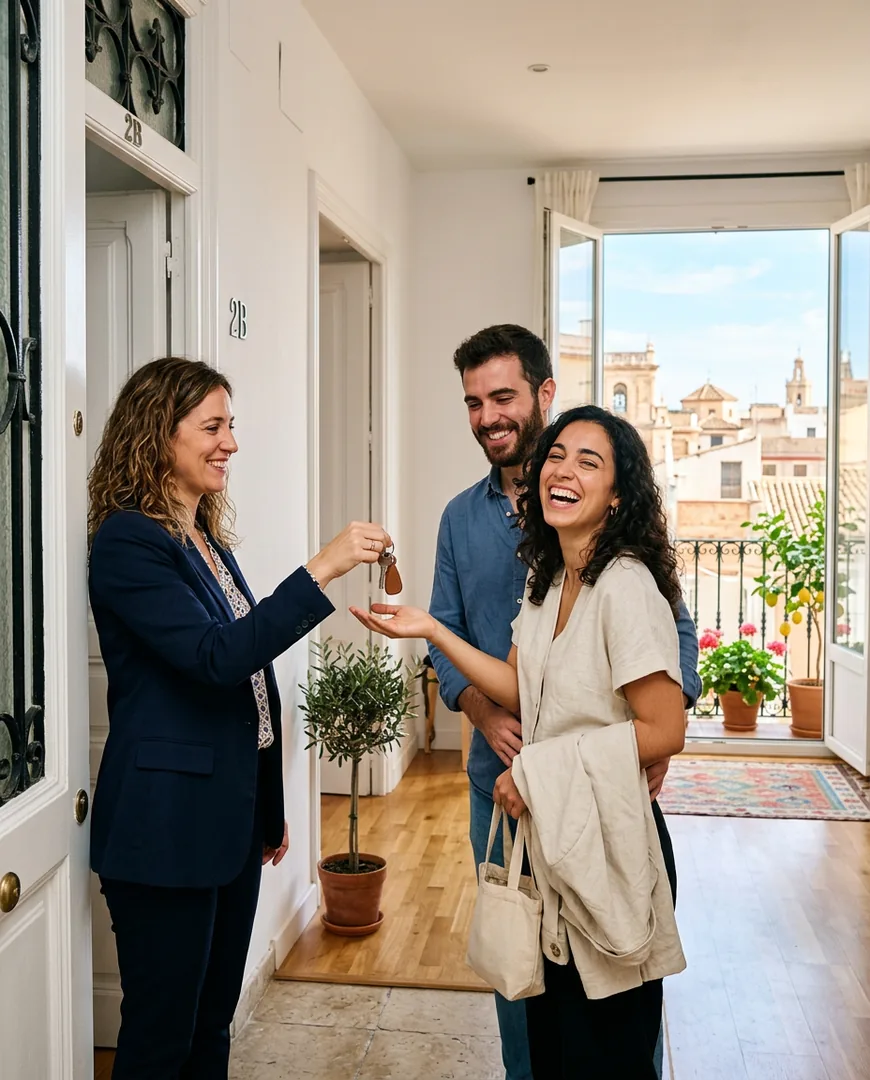 Agent handing house keys to a smiling young couple at an apartment doorway — Habitar, Valencia