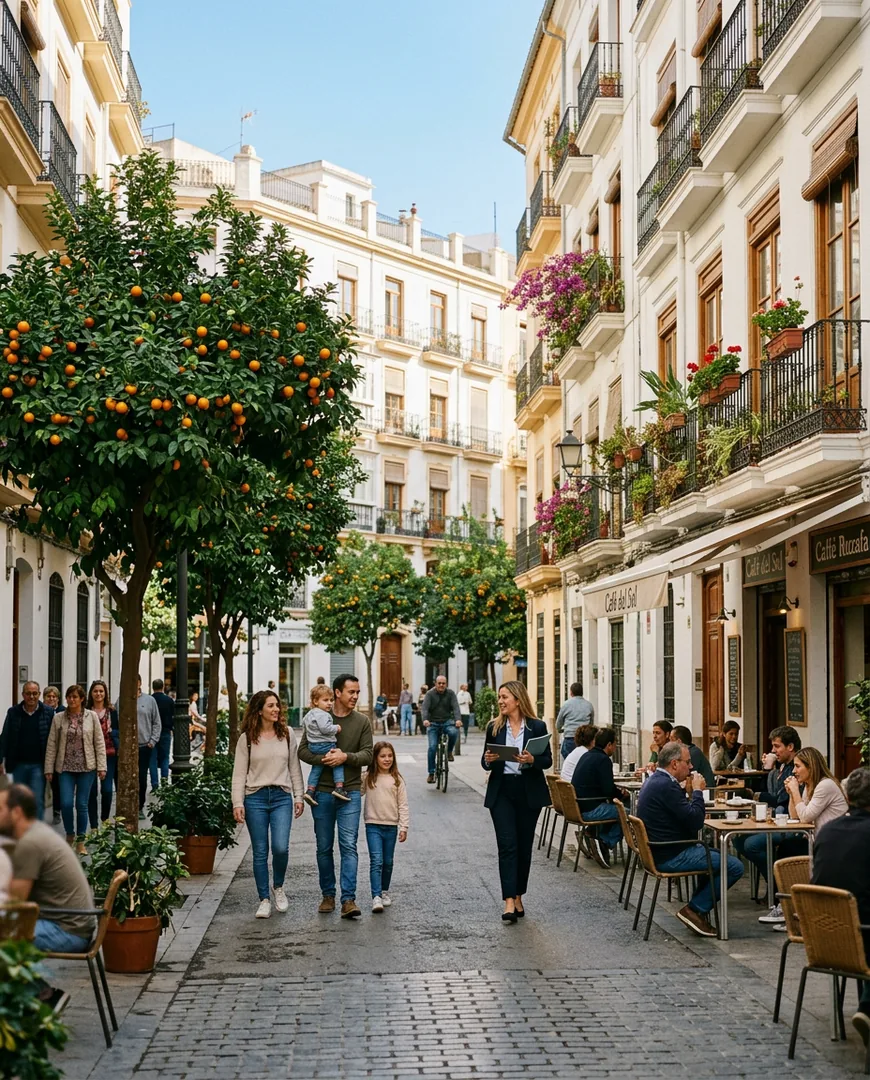 Ruzafa neighbourhood street with cafés and orange trees on a sunny morning — Habitar, Valencia