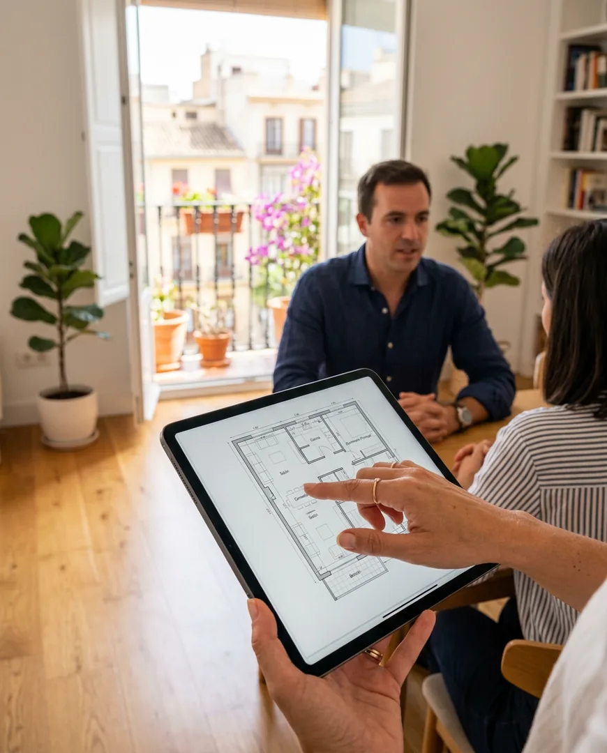 Close-up of a hand pointing at a floor plan on a tablet during a home valuation visit — Habitar, Valencia