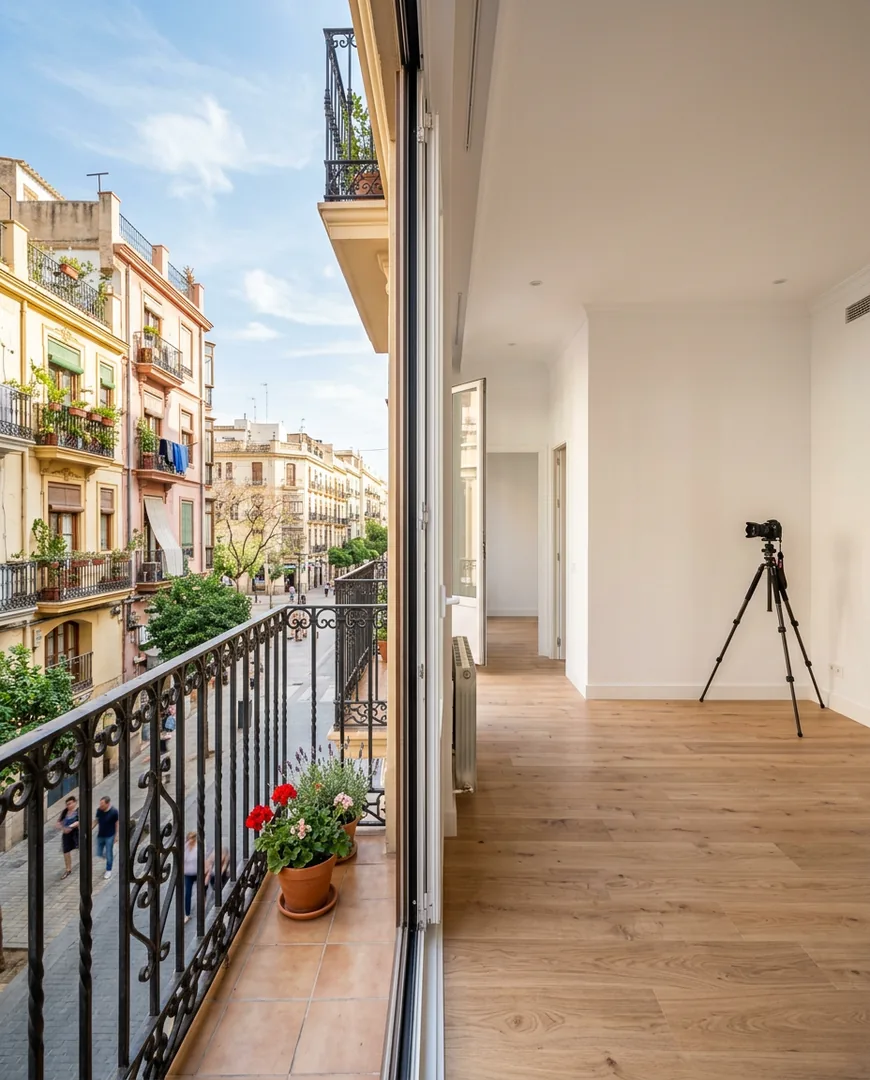 Bright empty bedroom with a balcony overlooking a Valencia street — Habitar, Valencia