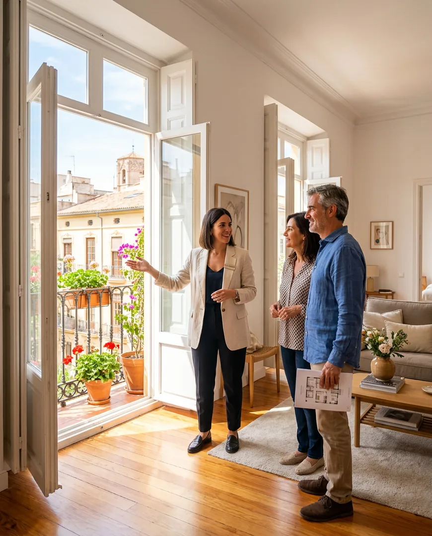Real estate agent in her thirties showing a bright Valencia apartment with a balcony to a middle-aged couple — Habitar, Valencia