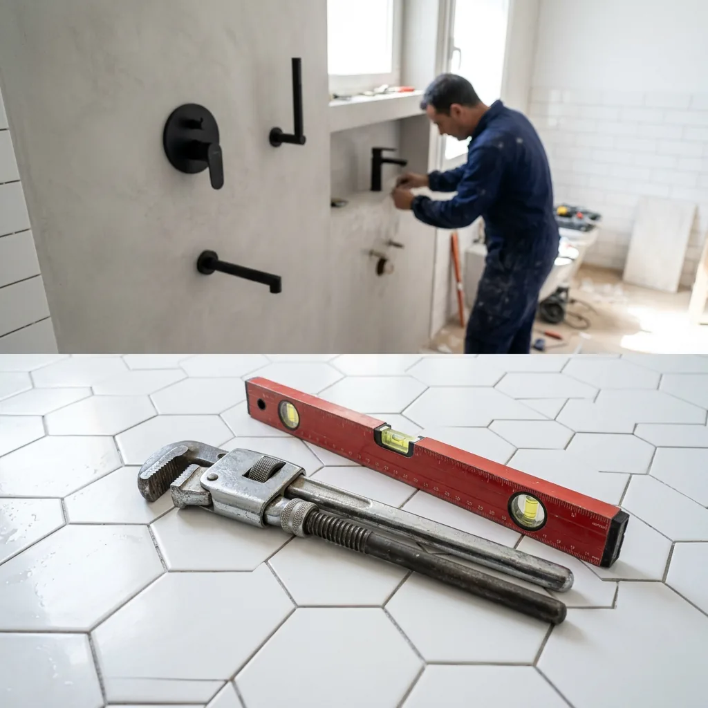 Close-up of a chrome pipe wrench and a spirit level on a clean white tile — Lozano Reformas, Murcia
