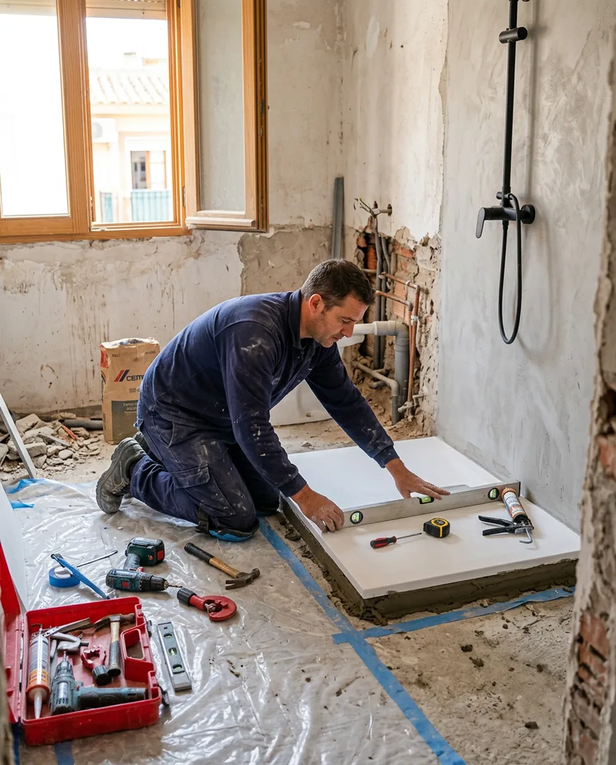 Plumber in a navy uniform installing a shower tray in a gutted bathroom — Lozano Reformas, Murcia