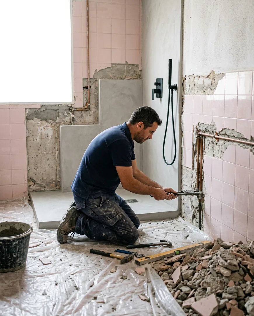Half-demolished old bathroom with pink tiles — Lozano Reformas, Murcia