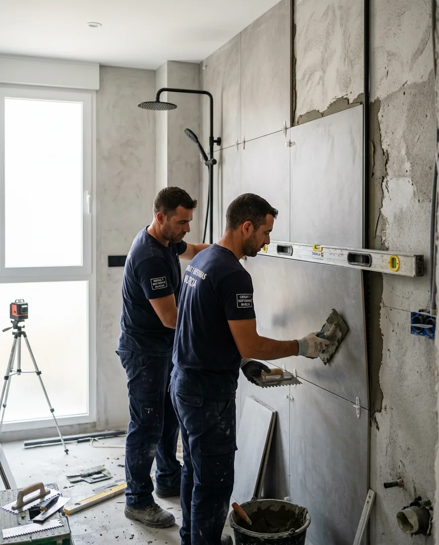Two-person crew laying large-format tiles on a bathroom wall — Lozano Reformas, Murcia