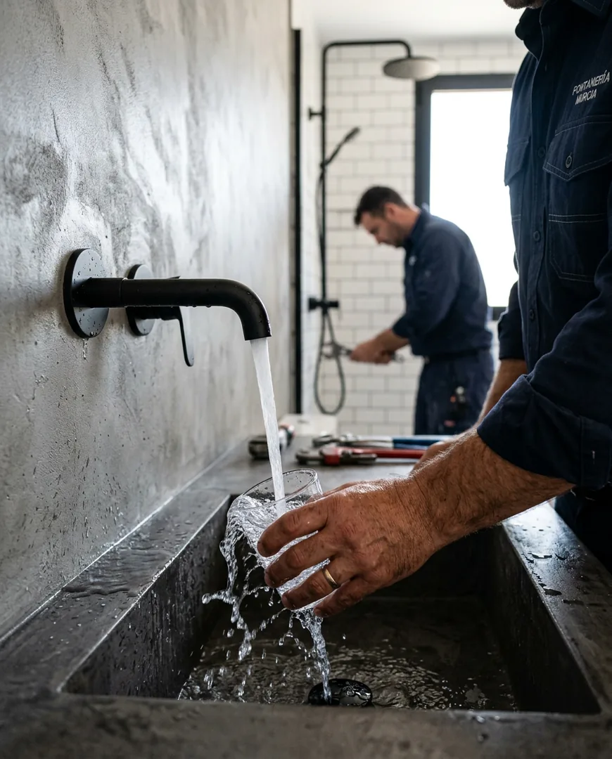 Close-up of a hand testing water pressure at a new matte black tap — Lozano Reformas, Murcia