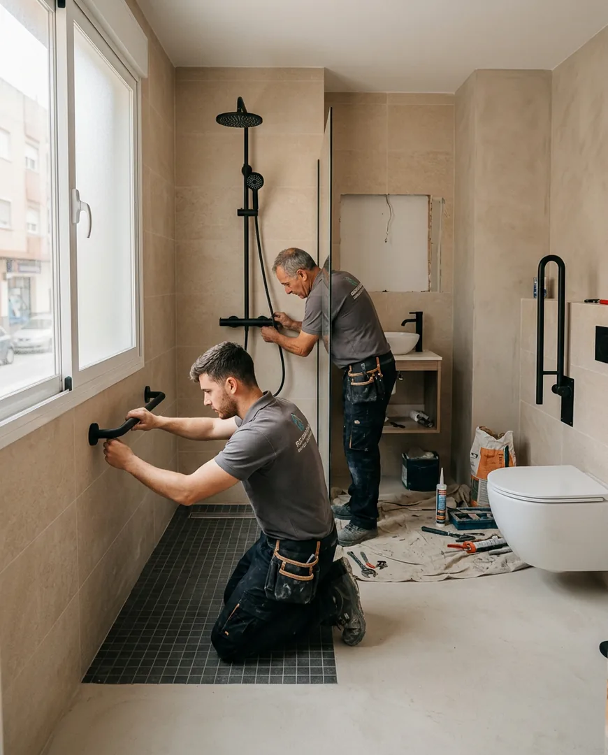 Small accessible bathroom with grab rails and a level-access shower — Lozano Reformas, Murcia