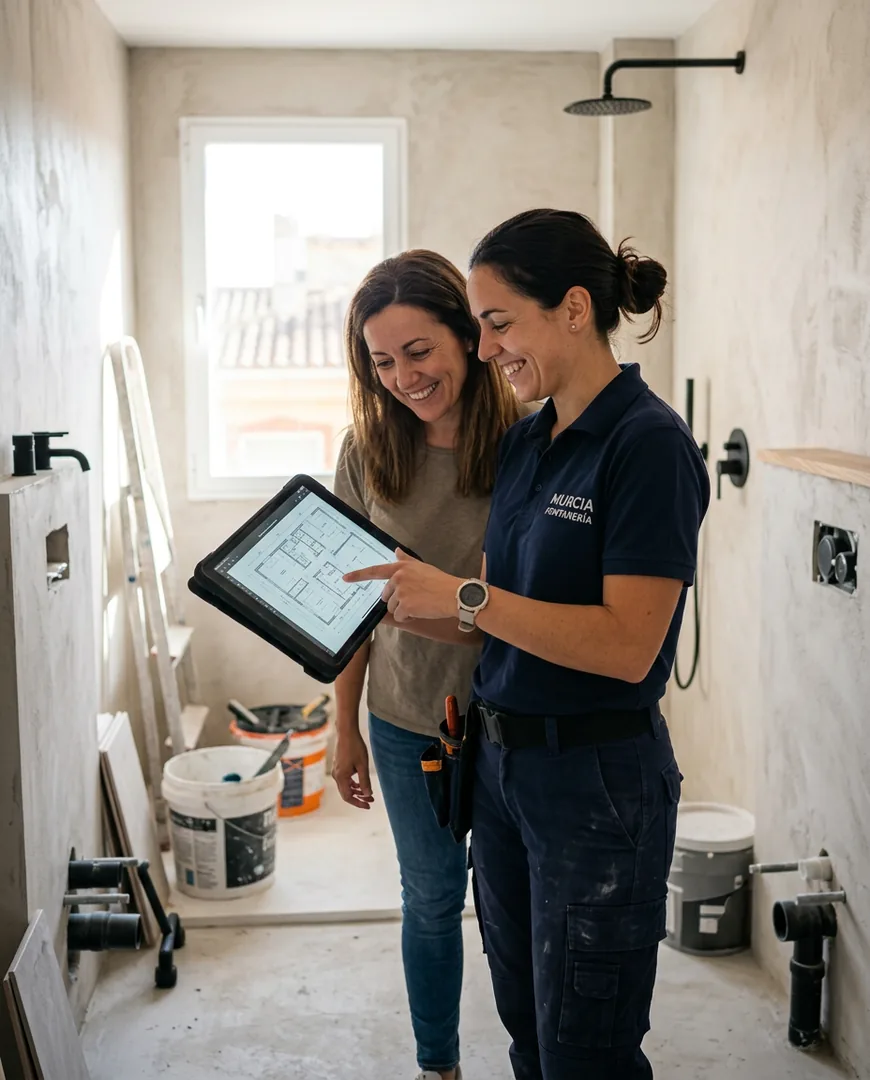 Plumber showing a client a plan on a tablet in a bare bathroom — Lozano Reformas, Murcia