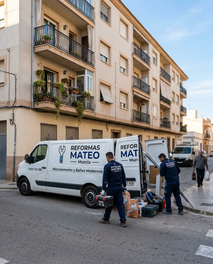 Branded work van parked outside a Murcia apartment block — Lozano Reformas, Murcia
