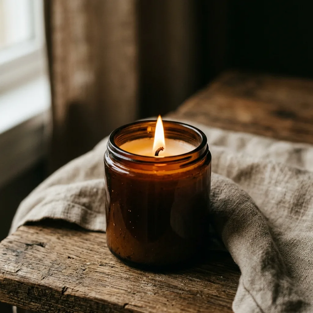 Close-up of a single lit soy candle flame in an amber jar — Lumbre, Madrid