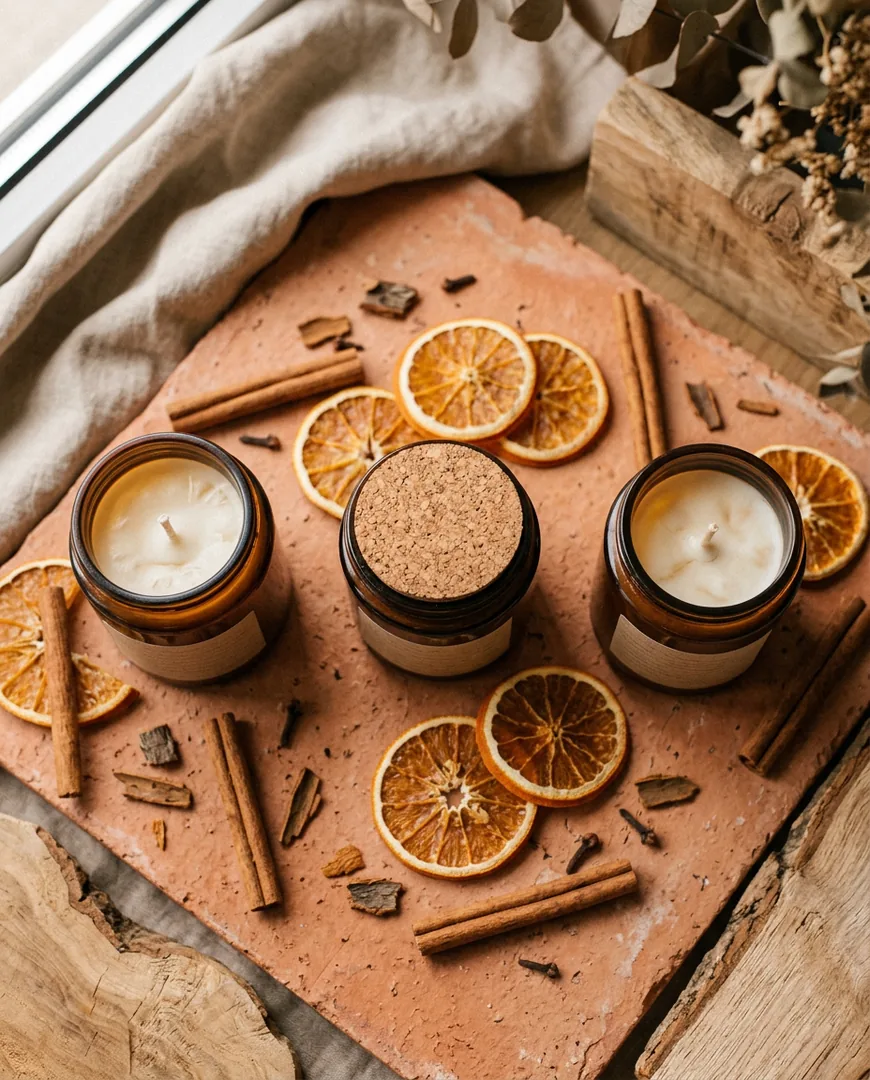 Flat lay of three amber candle jars with cork lids — Lumbre, Madrid