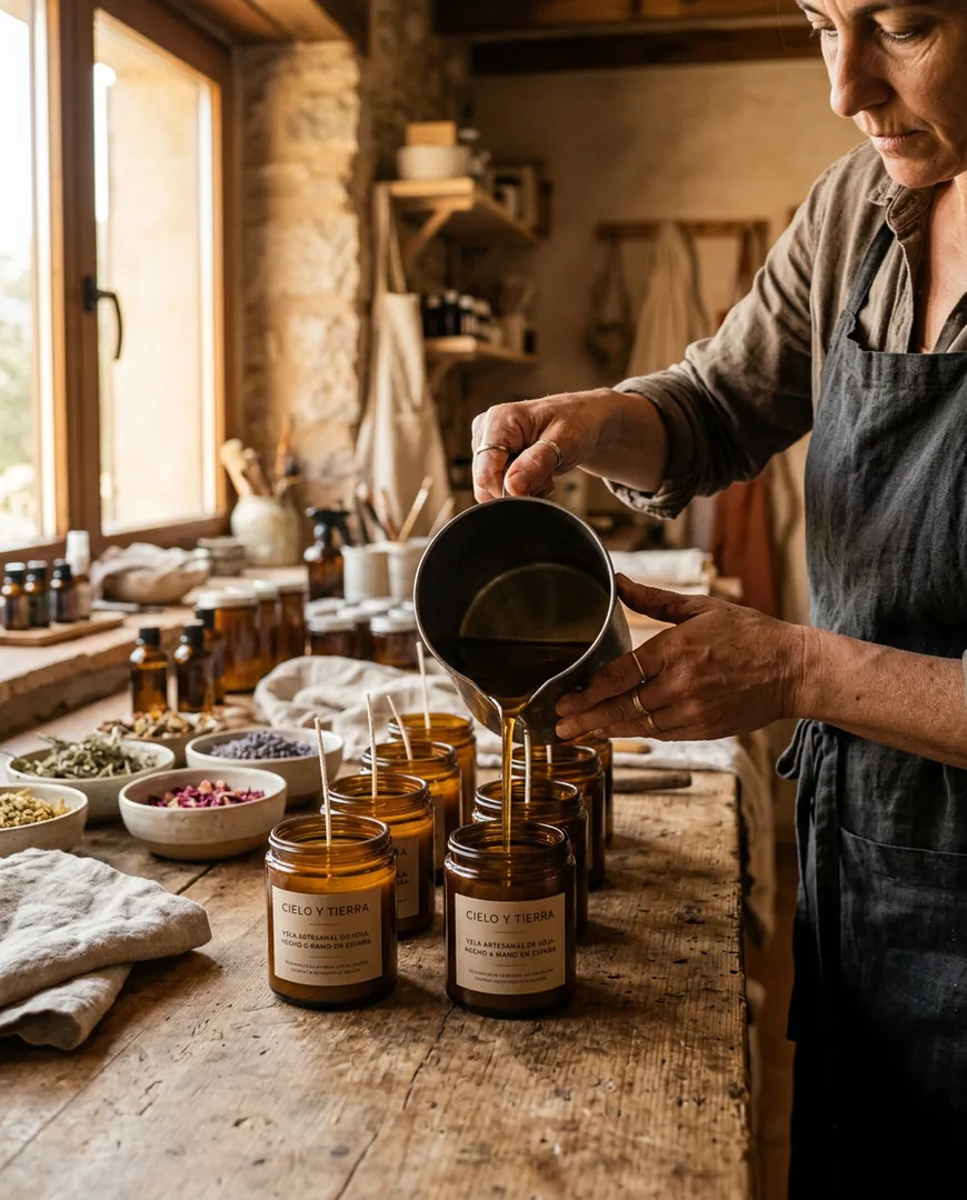Artisan pouring melted soy wax into glass jars in a small workshop — Lumbre, Madrid