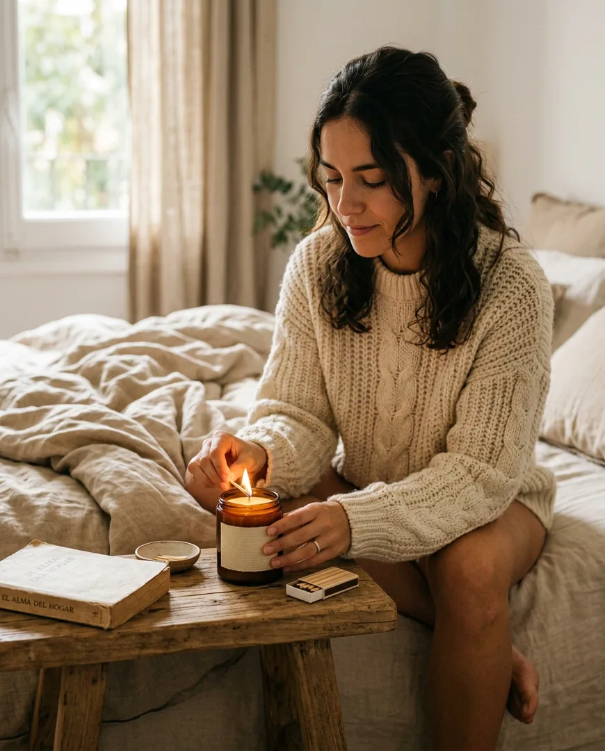 Woman in a cream knit sweater lighting a candle on a wooden nightstand — Lumbre, Madrid
