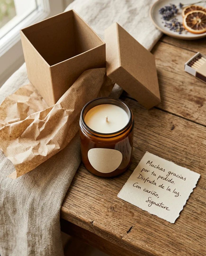 Overhead view of an unboxed candle order: kraft box — Lumbre, Madrid
