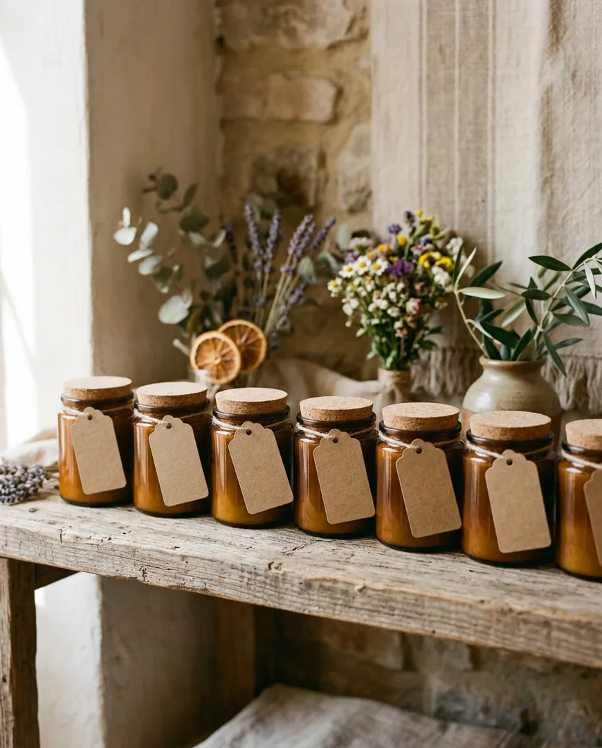Row of candles in different scents labelled with blank kraft tags on a shelf — Lumbre, Madrid