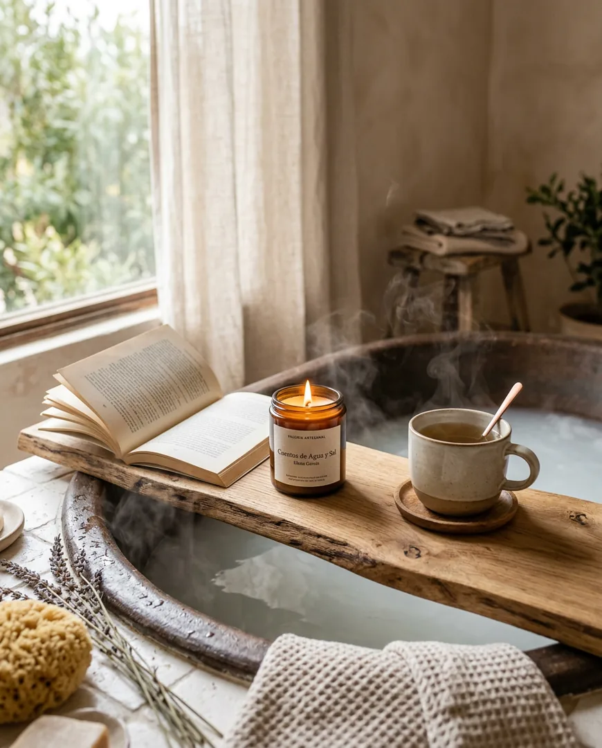 Candle burning on a bathtub tray with a book and a cup of tea — Lumbre, Madrid