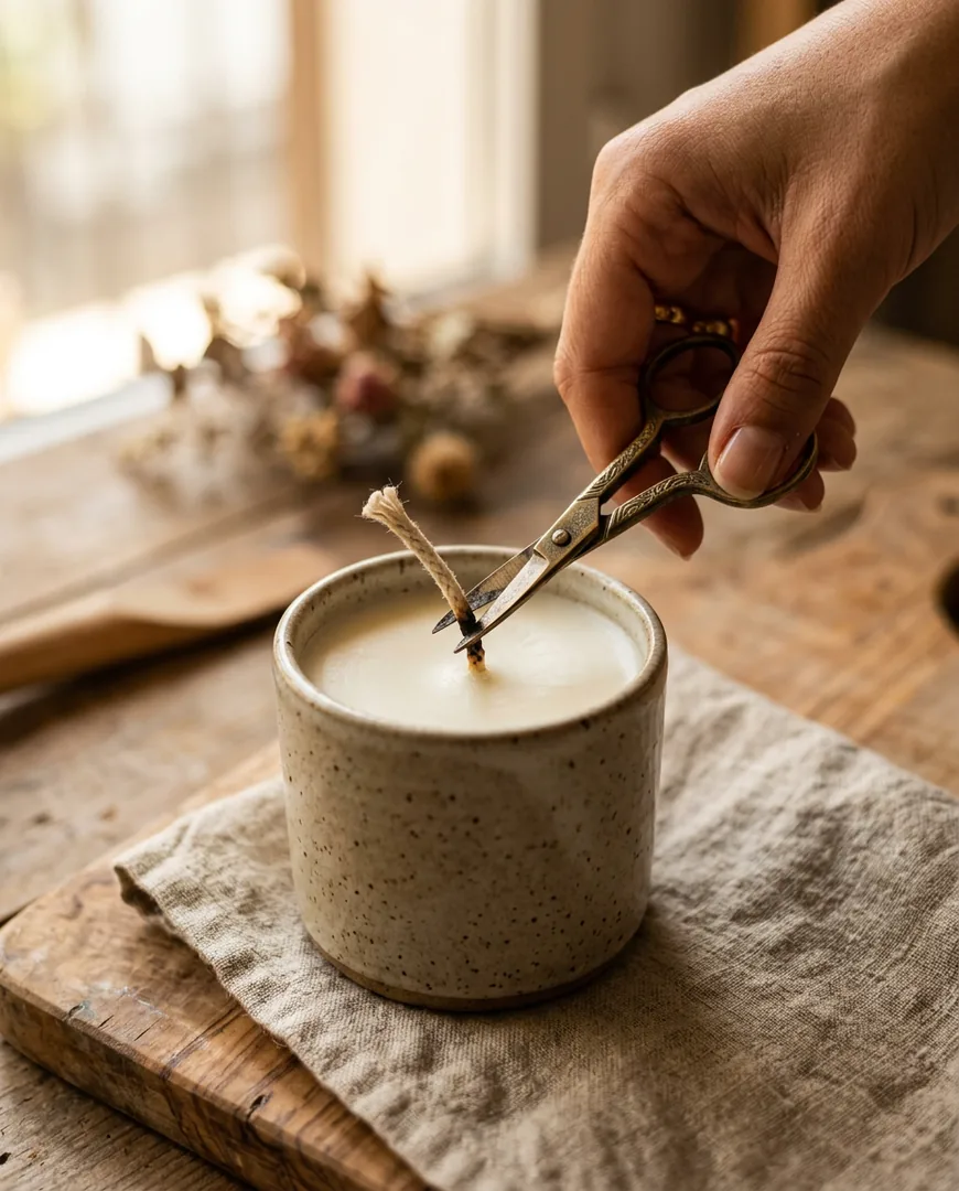 Close-up of a hand trimming a cotton wick with small brass scissors — Lumbre, Madrid