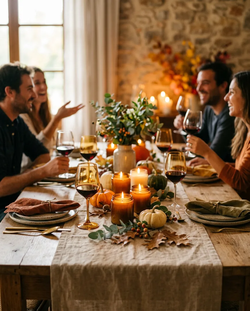 Autumn dining table set for friends with several lit candles — Lumbre, Madrid