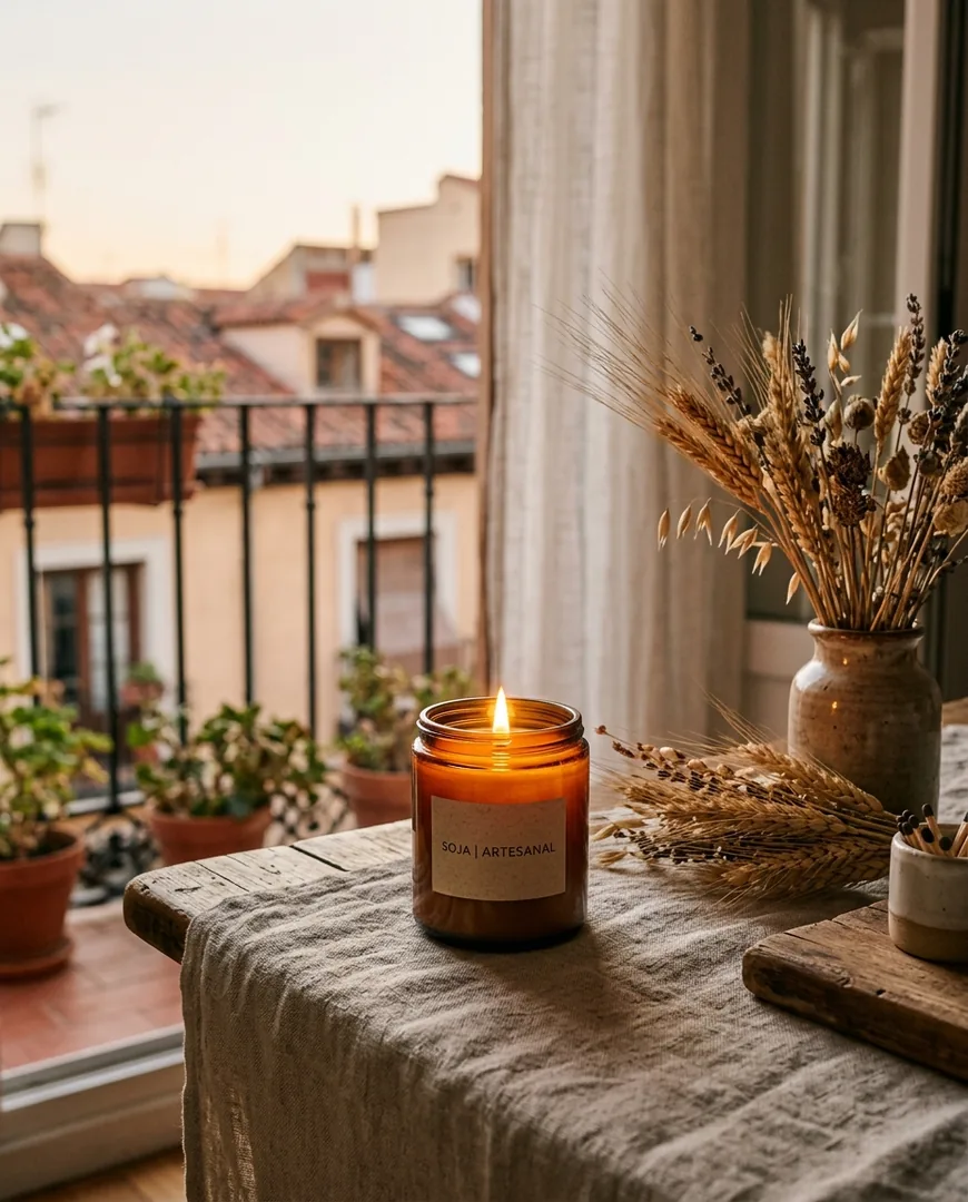 Hand-poured soy candle in an amber glass jar burning on a linen-covered table beside dried wheat — Lumbre, Madrid