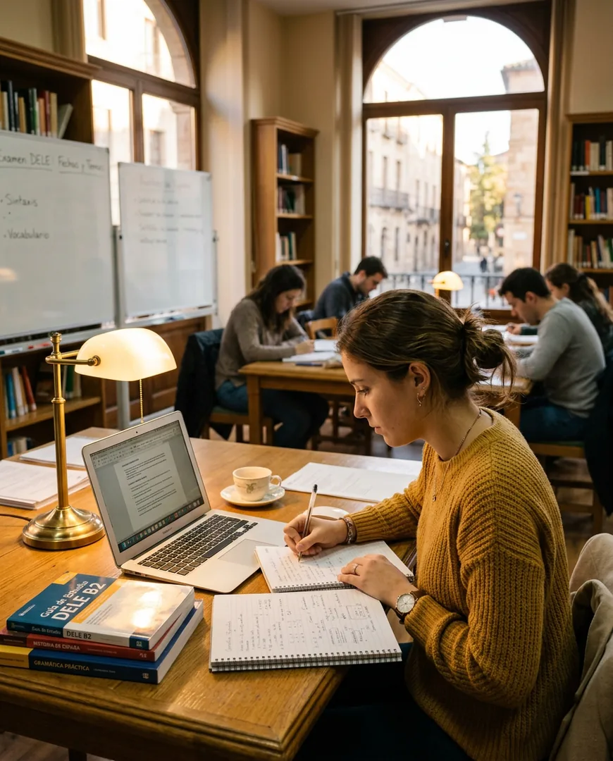 Student studying alone at a library desk with notes and a laptop — Academia Lumen, Salamanca