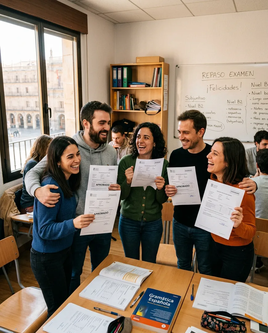 Small group of adult students celebrating exam results together in a classroom — Academia Lumen, Salamanca