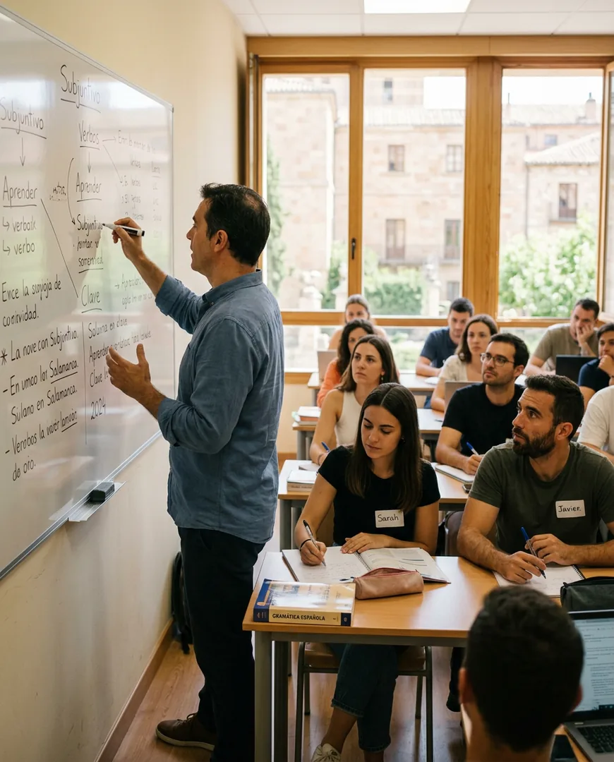 Teacher writing on a whiteboard while explaining to the class — Academia Lumen, Salamanca