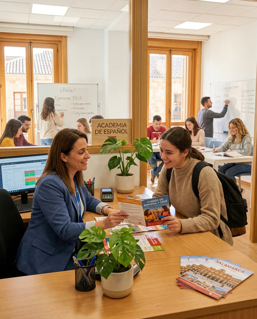 Academy reception desk with a staff member helping a prospective student — Academia Lumen, Salamanca