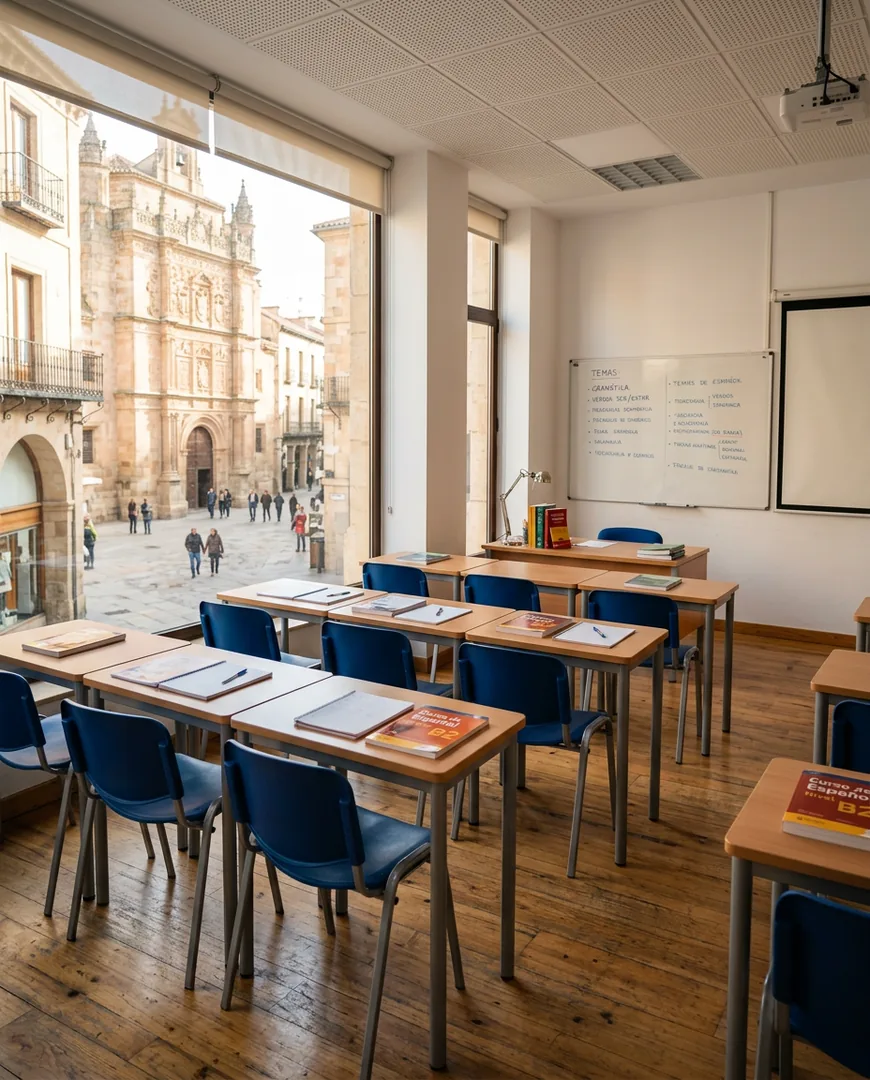 Empty modern classroom with rows of desks and a large window onto a Salamanca street — Academia Lumen, Salamanca