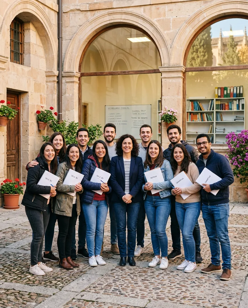 Group photo of a class of ten adult students with their teacher in the academy courtyard — Academia Lumen, Salamanca