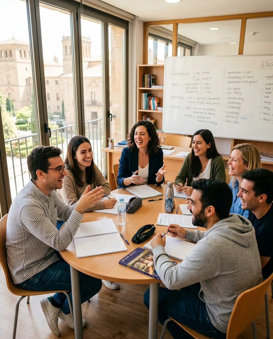 Teacher leading a small English class of six adult students around a table in a bright classroom — Academia Lumen, Salamanca