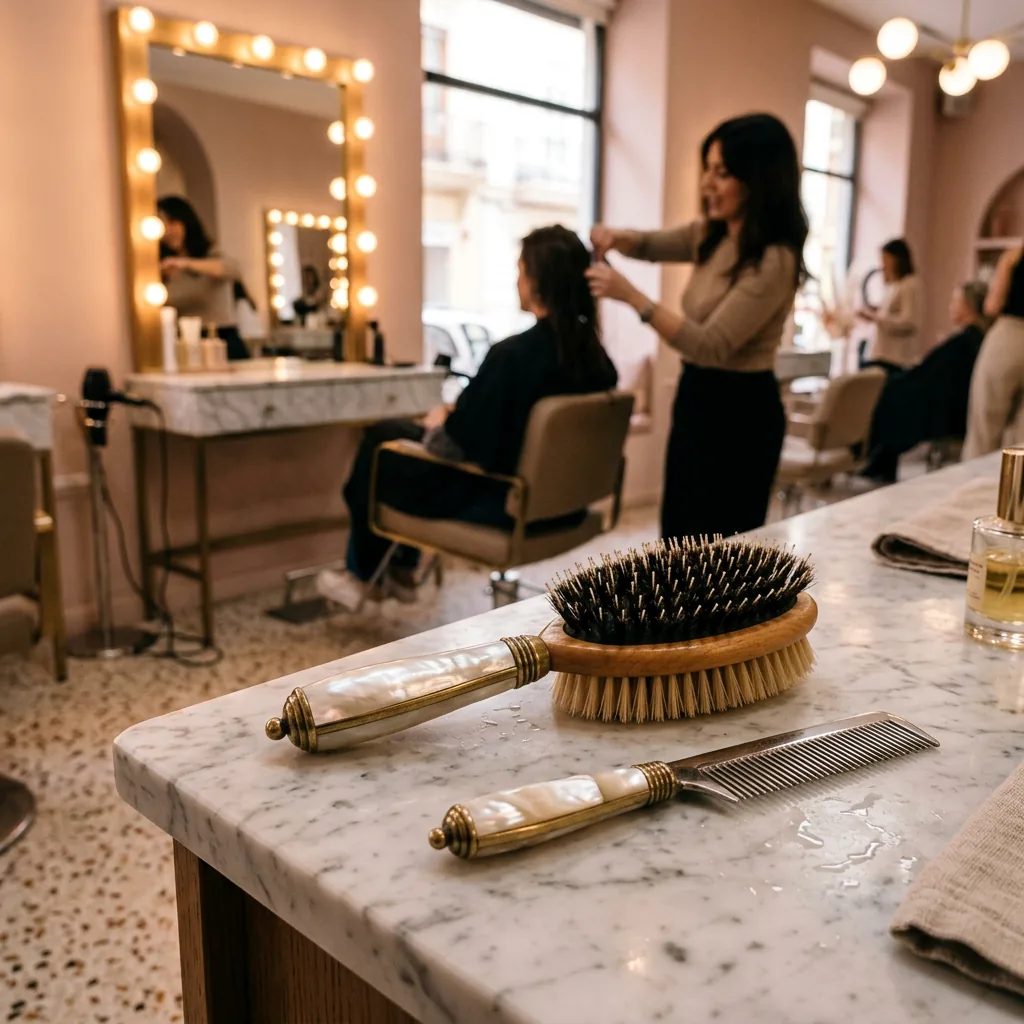 Close-up of a pearl-handled hairbrush and a comb on a marble surface — Studio Nácar, Valencia