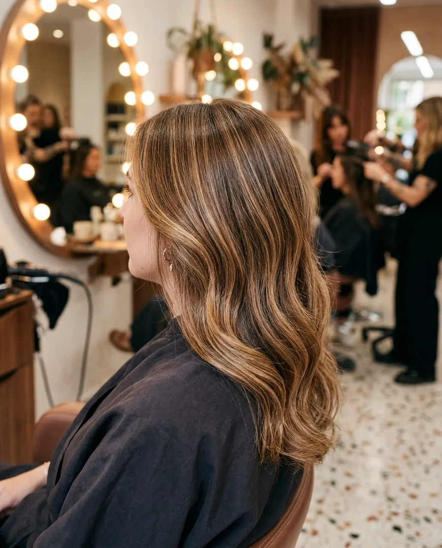 Close-up of freshly coloured balayage hair falling over a client's shoulder — Studio Nácar, Valencia