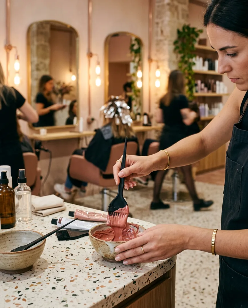 Stylist mixing colour in a bowl at the salon colour bar — Studio Nácar, Valencia