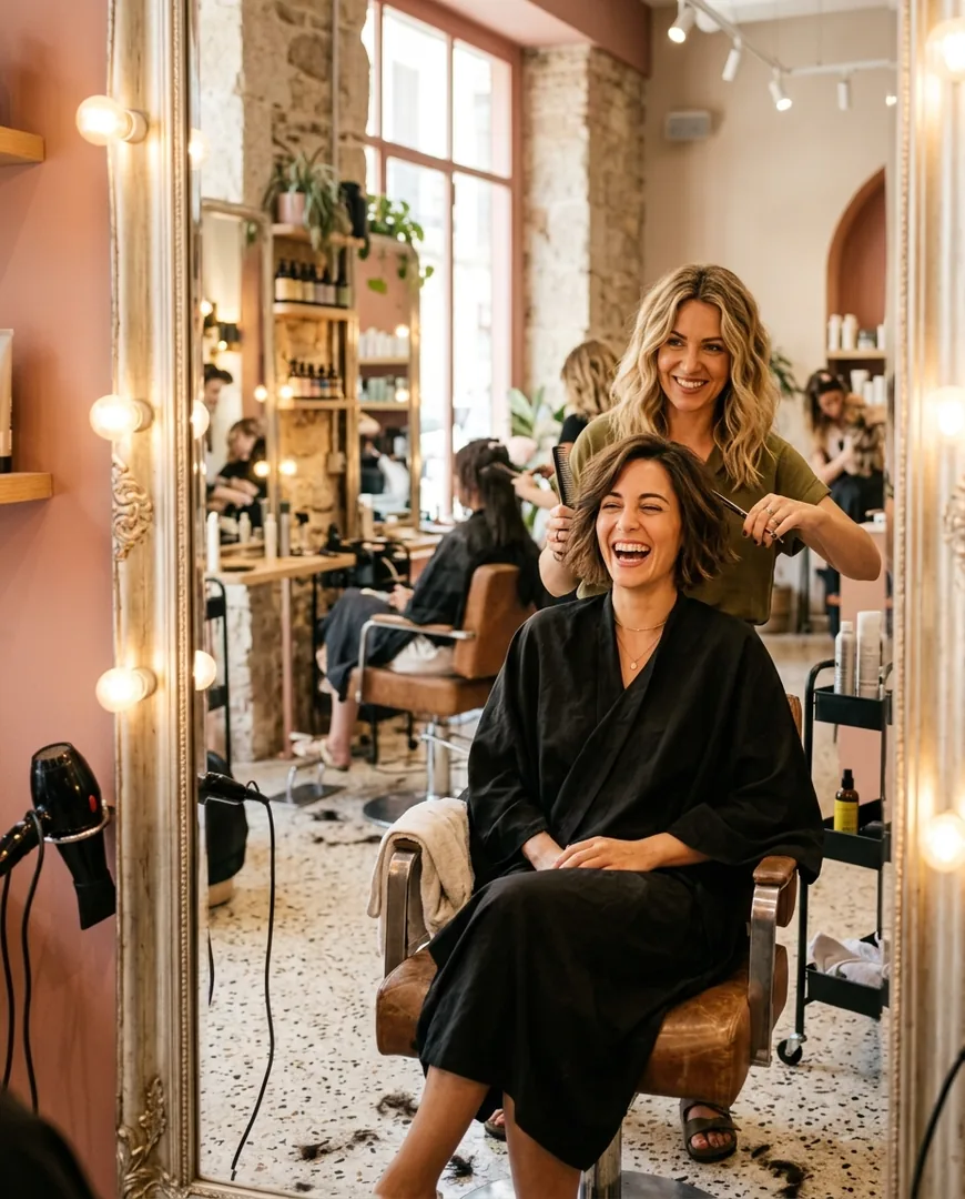 Client laughing in the salon chair while the stylist finishes a bob cut — Studio Nácar, Valencia